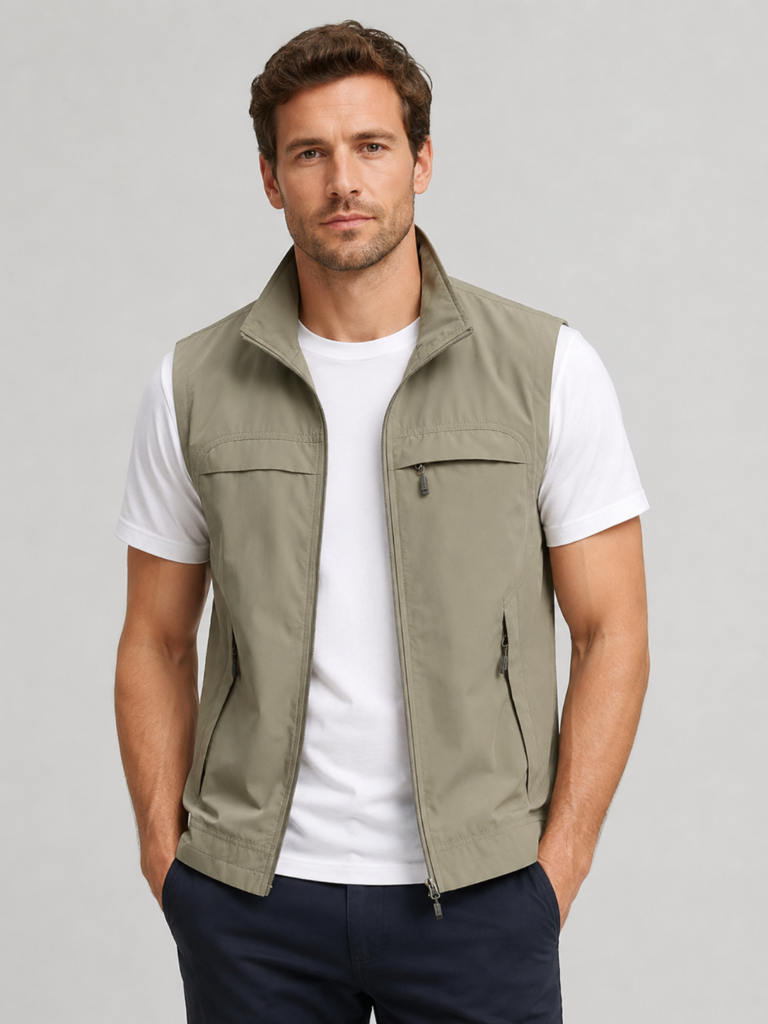 Men’s Gilet Jacket with Zipper and Multiple Pockets
