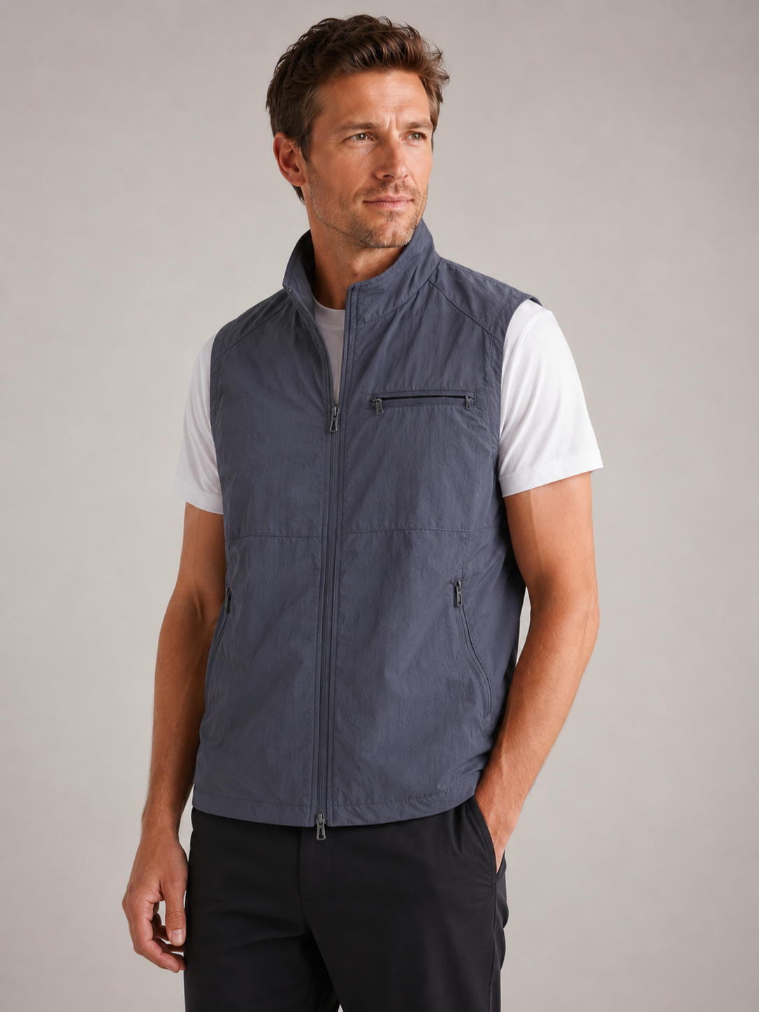 Men’s Gilet Jacket with Zipper and Turn-Down Collar