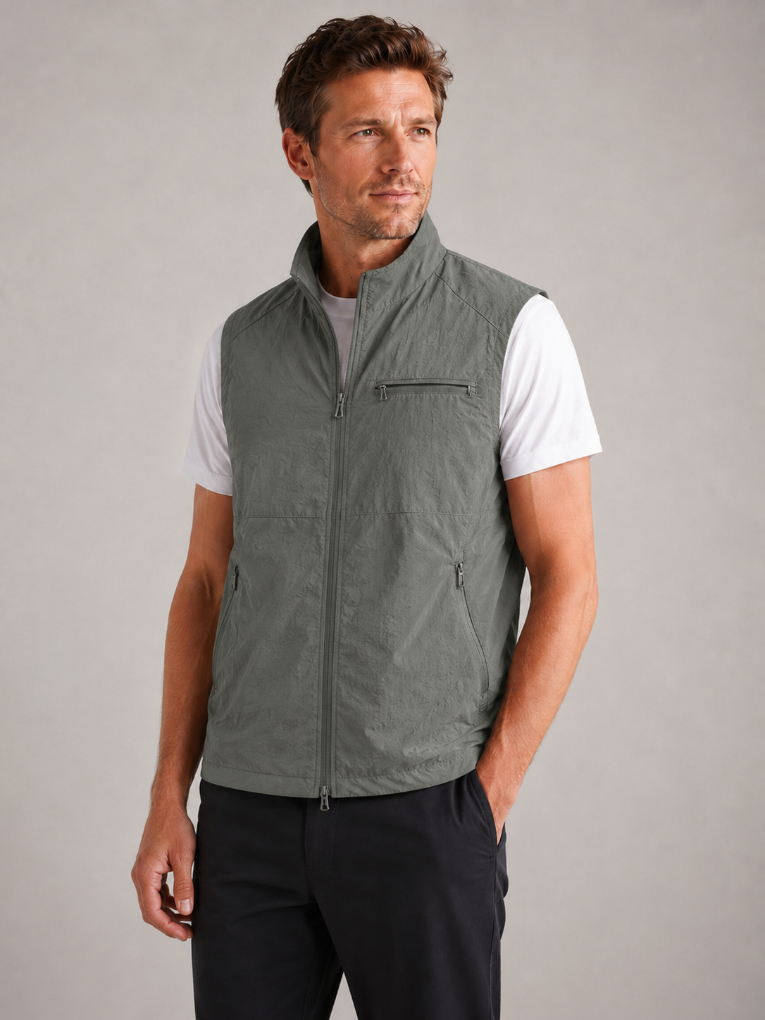 Men’s Gilet Jacket with Zipper and Turn-Down Collar