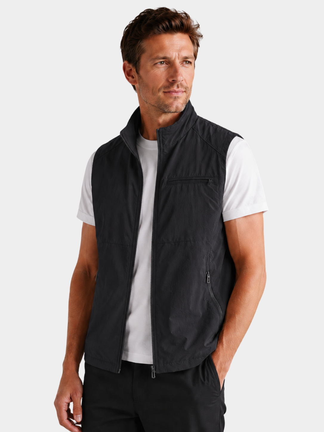 Men’s Gilet Jacket with Zipper and Turn-Down Collar