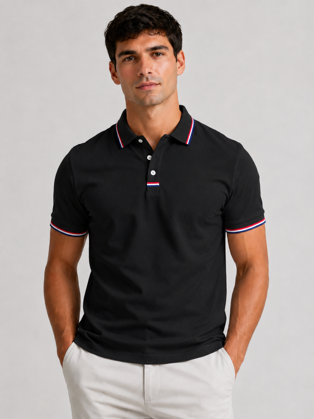 Men’s Polo Shirt with Striped Collar and Short Sleeves