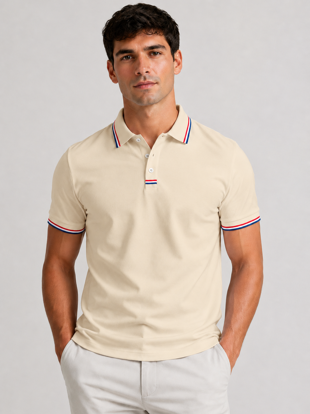 Men’s Polo Shirt with Striped Collar and Short Sleeves