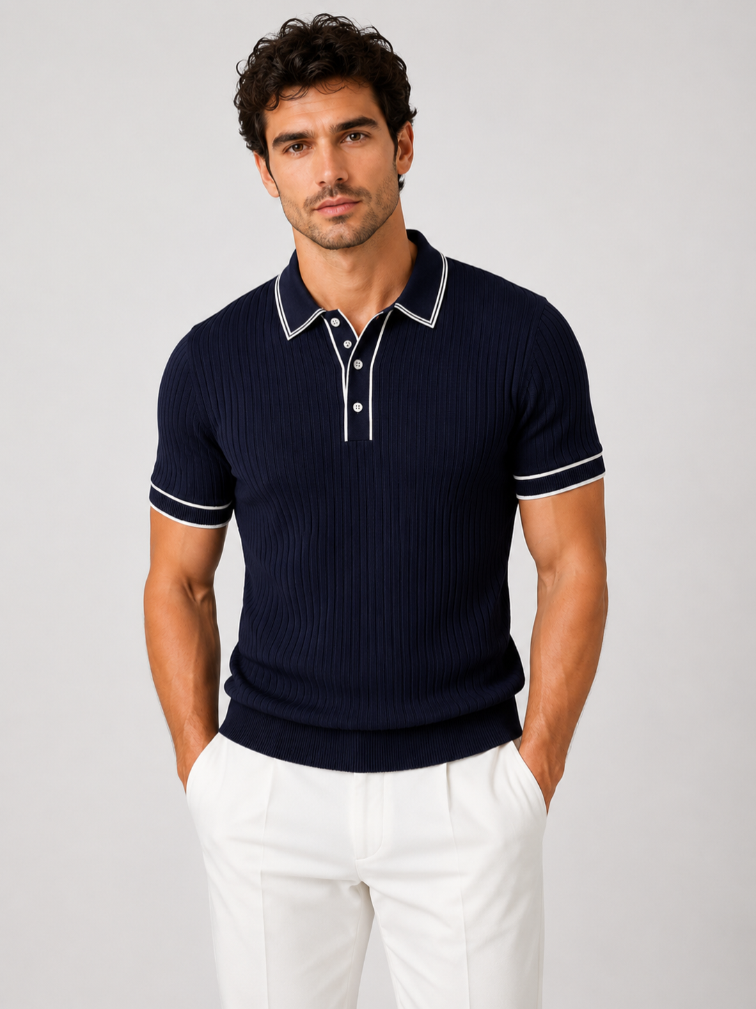Men’s Ribbed Polo Shirt with Contrast Trim