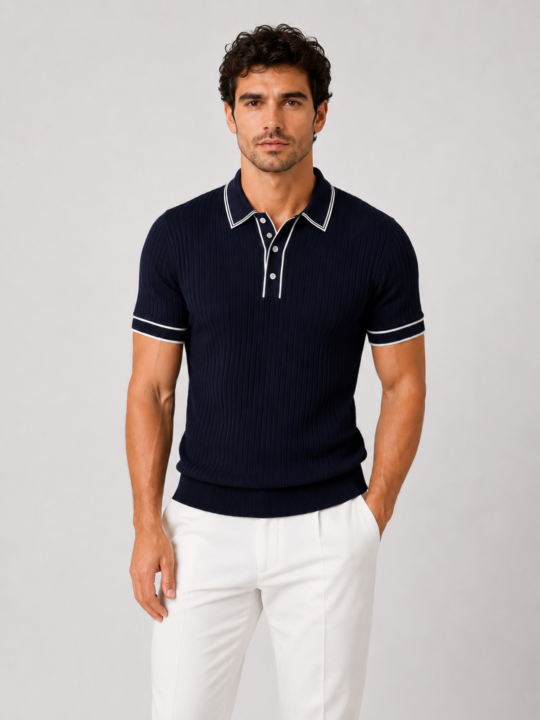 Men’s Ribbed Polo Shirt with Contrast Trim