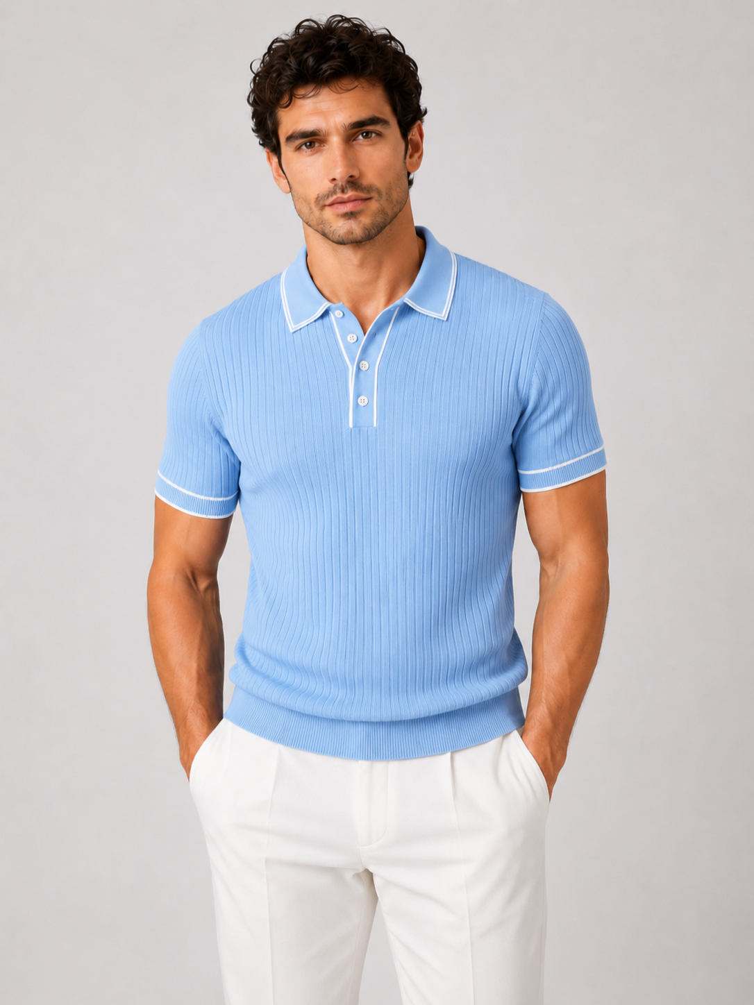 Men’s Ribbed Polo Shirt with Contrast Trim