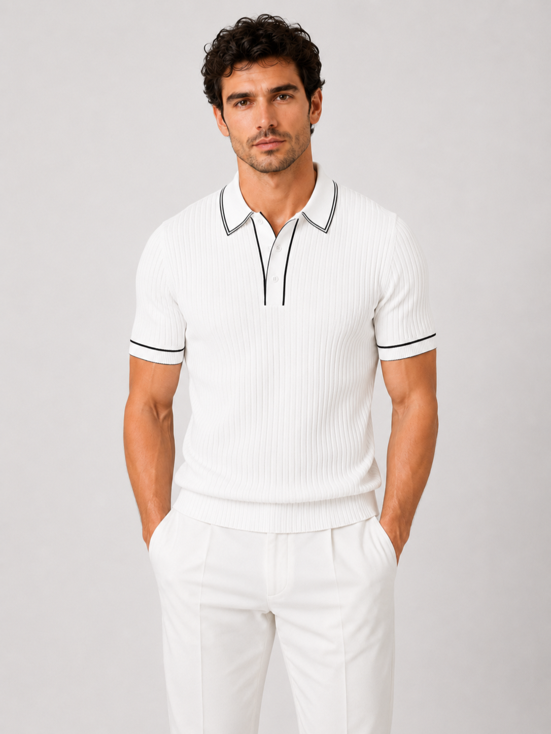 Men’s Ribbed Polo Shirt with Contrast Trim