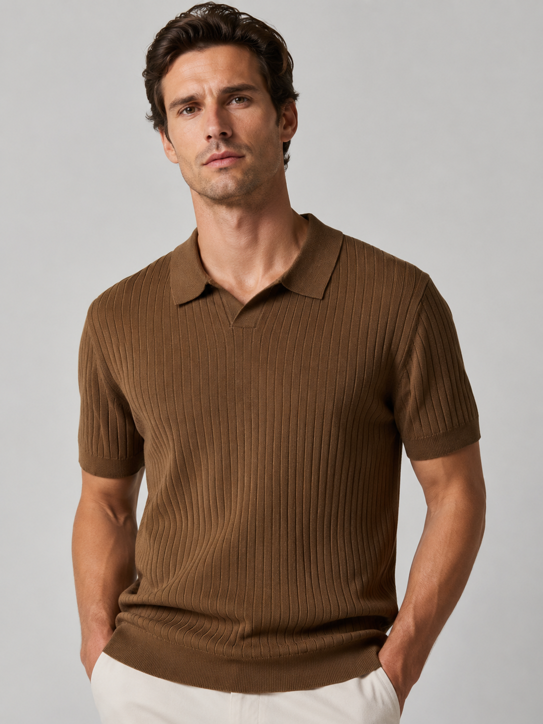 Men’s Short Sleeve Ribbed Polo Shirt with Open Neck