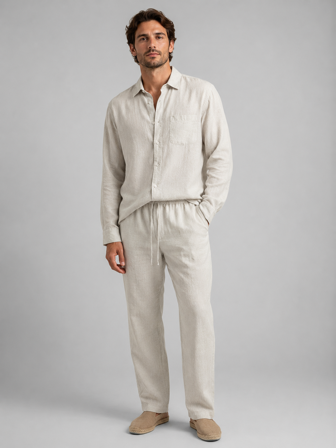 Men’s Two-Piece Set with Long Sleeve Button-Up Shirt and Drawstring Trousers