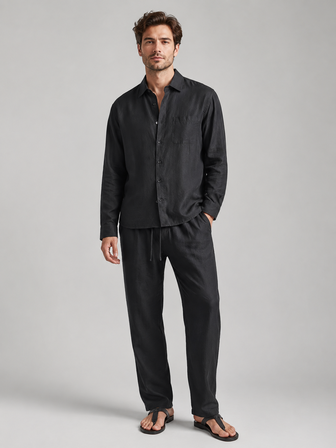 Men’s Two-Piece Set with Long Sleeve Button-Up Shirt and Drawstring Trousers