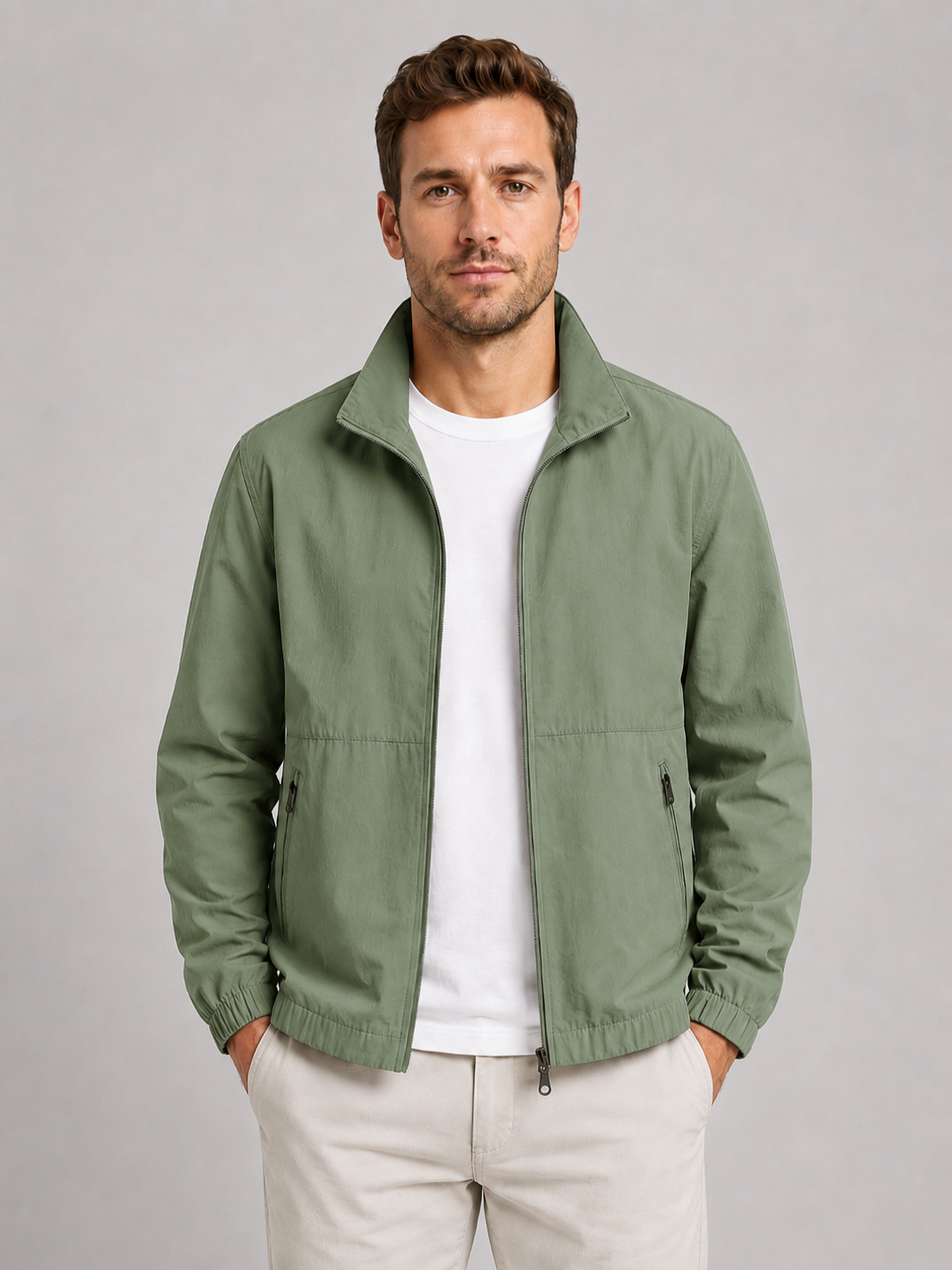 Men’s Summer Zip Front Jacket with Stand Collar
