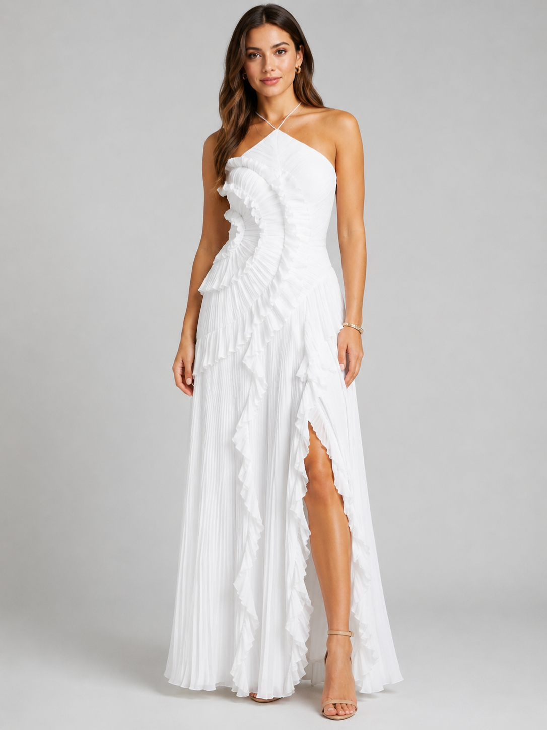 Women’s Pleated Maxi Dress with Halter Neck and Ruffle Detail