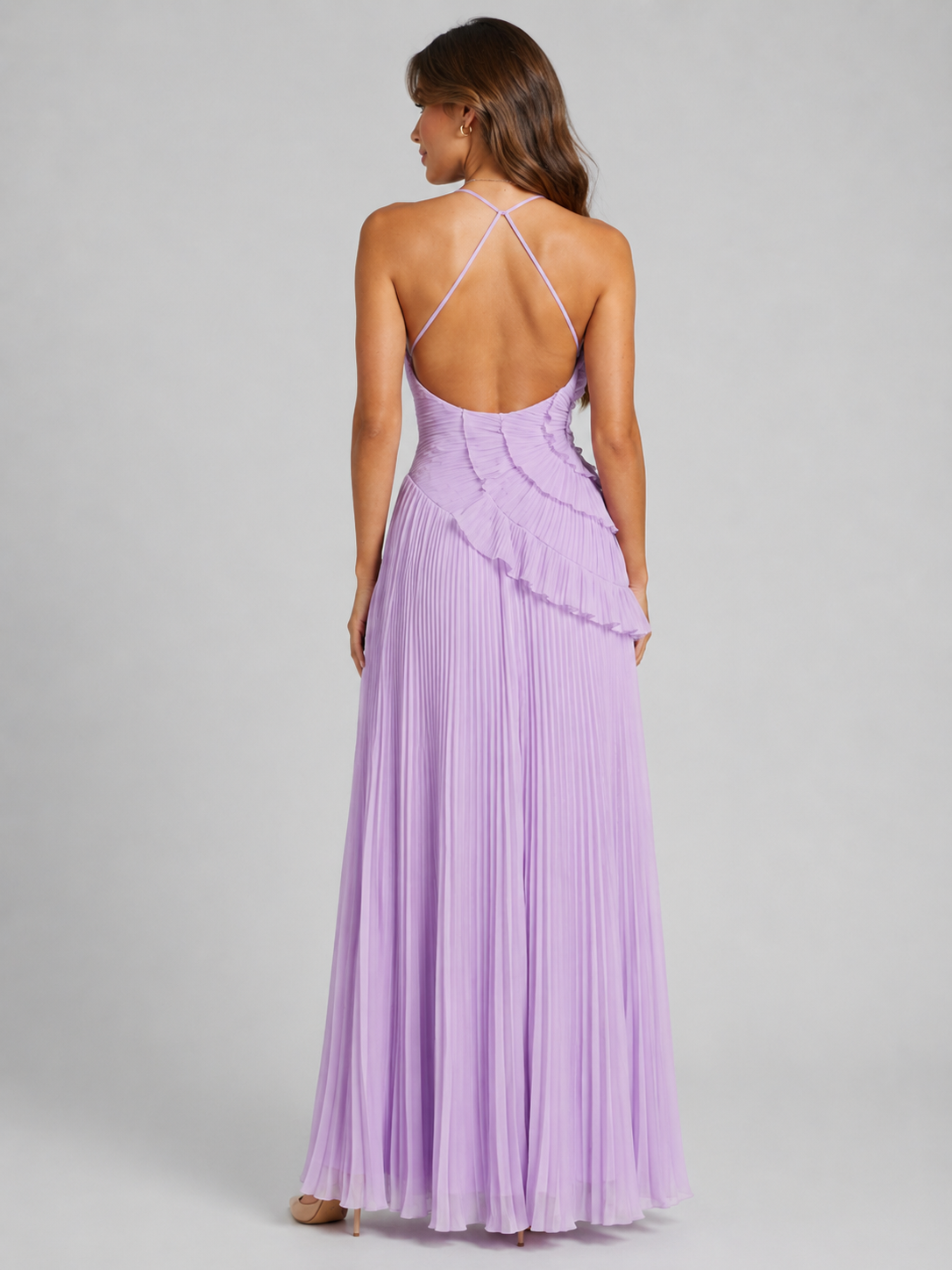 Women’s Pleated Maxi Dress with Halter Neck and Ruffle Detail