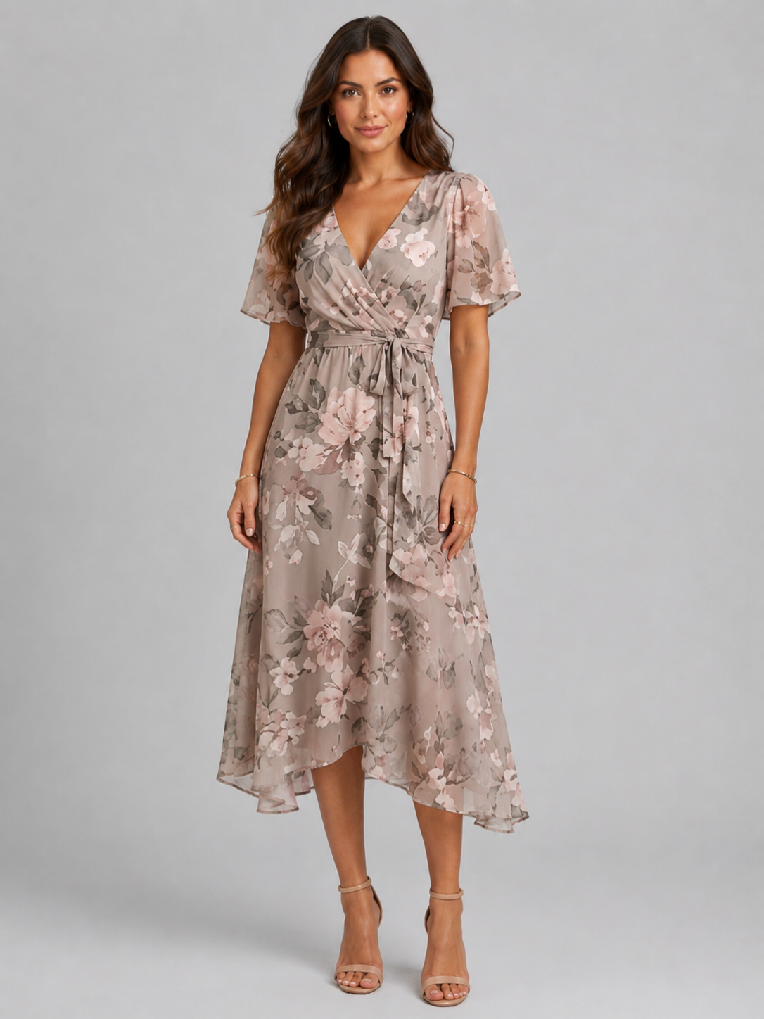Women’s Printed Midi Dress with V-Neck and Short Sleeves