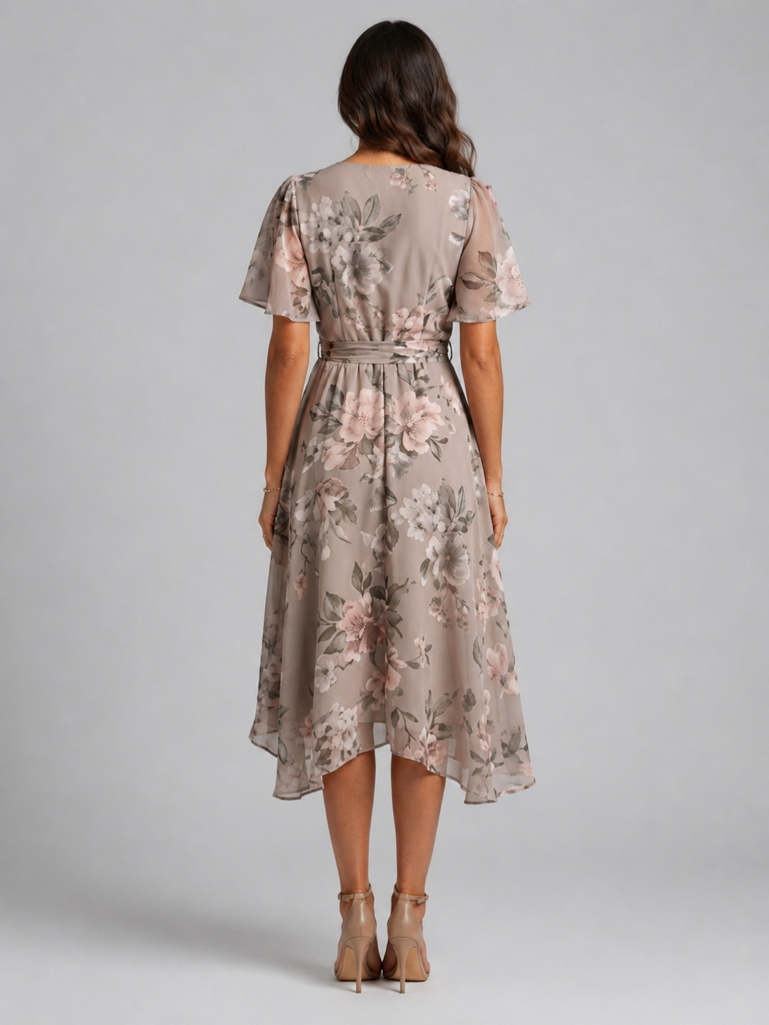 Women’s Printed Midi Dress with V-Neck and Short Sleeves
