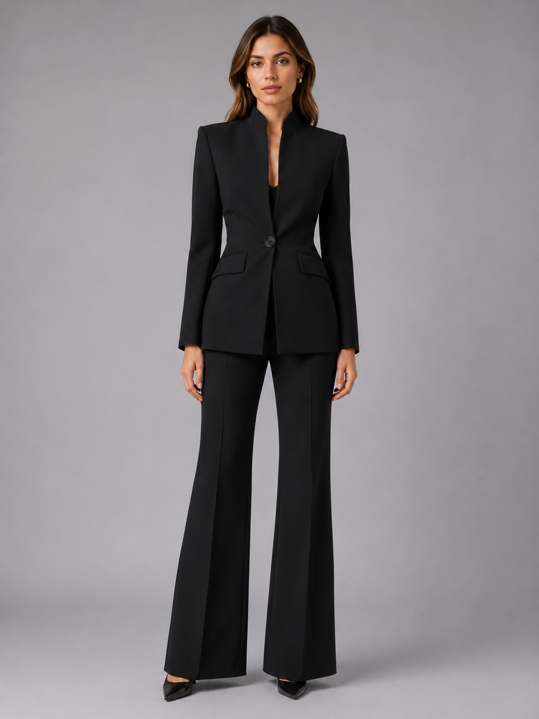 Women’s Blazer and Wide-Leg Trouser Set with Collarless Design
