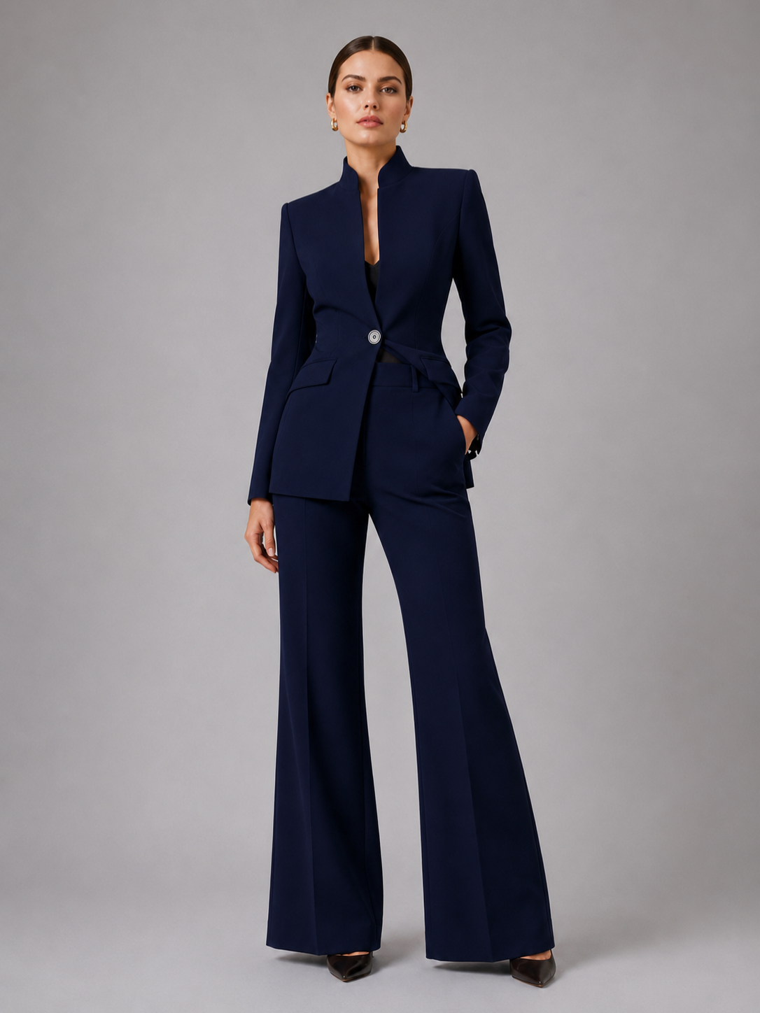 Women’s Blazer and Wide-Leg Trouser Set with Collarless Design