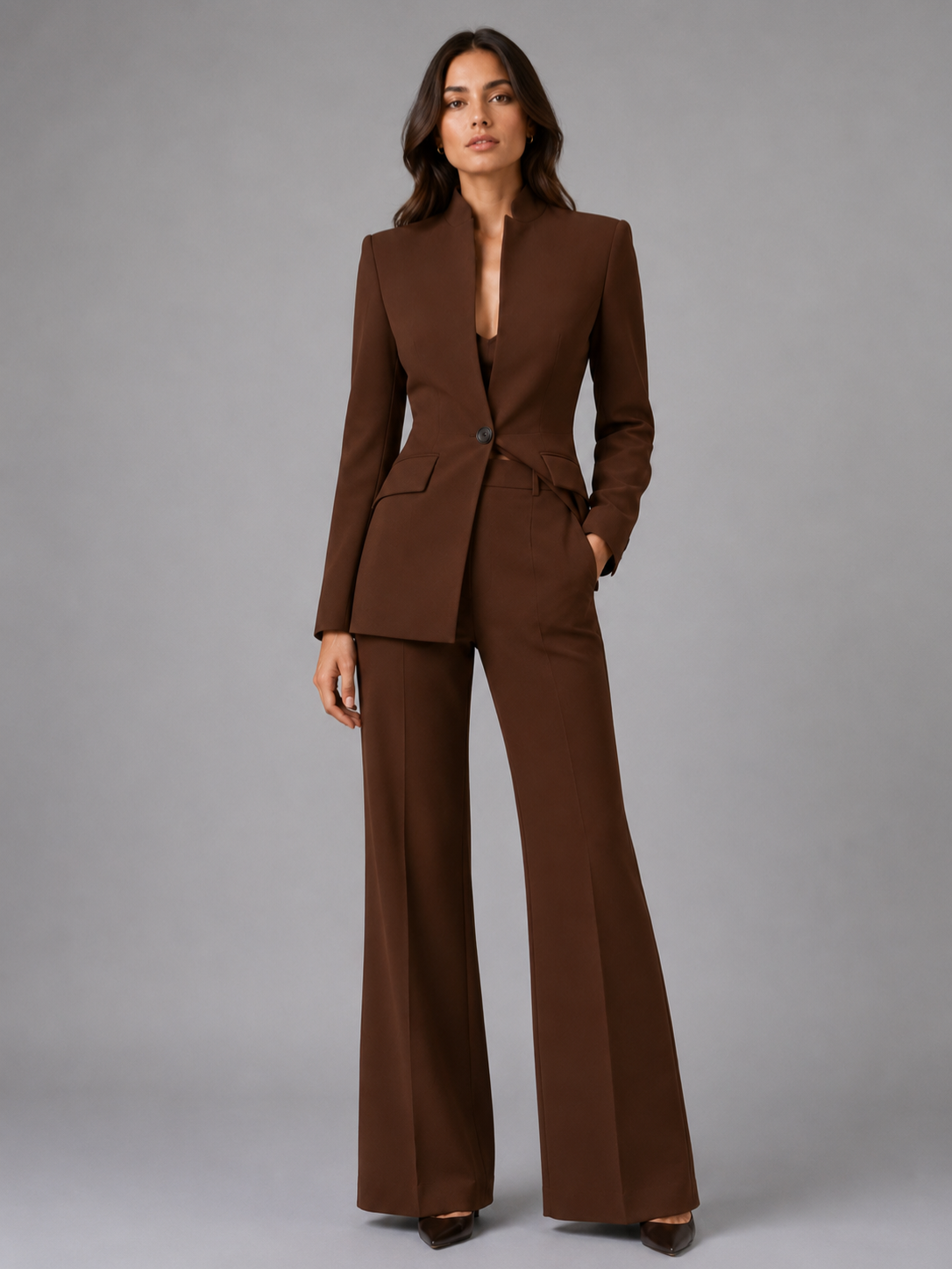 Women’s Blazer and Wide-Leg Trouser Set with Collarless Design
