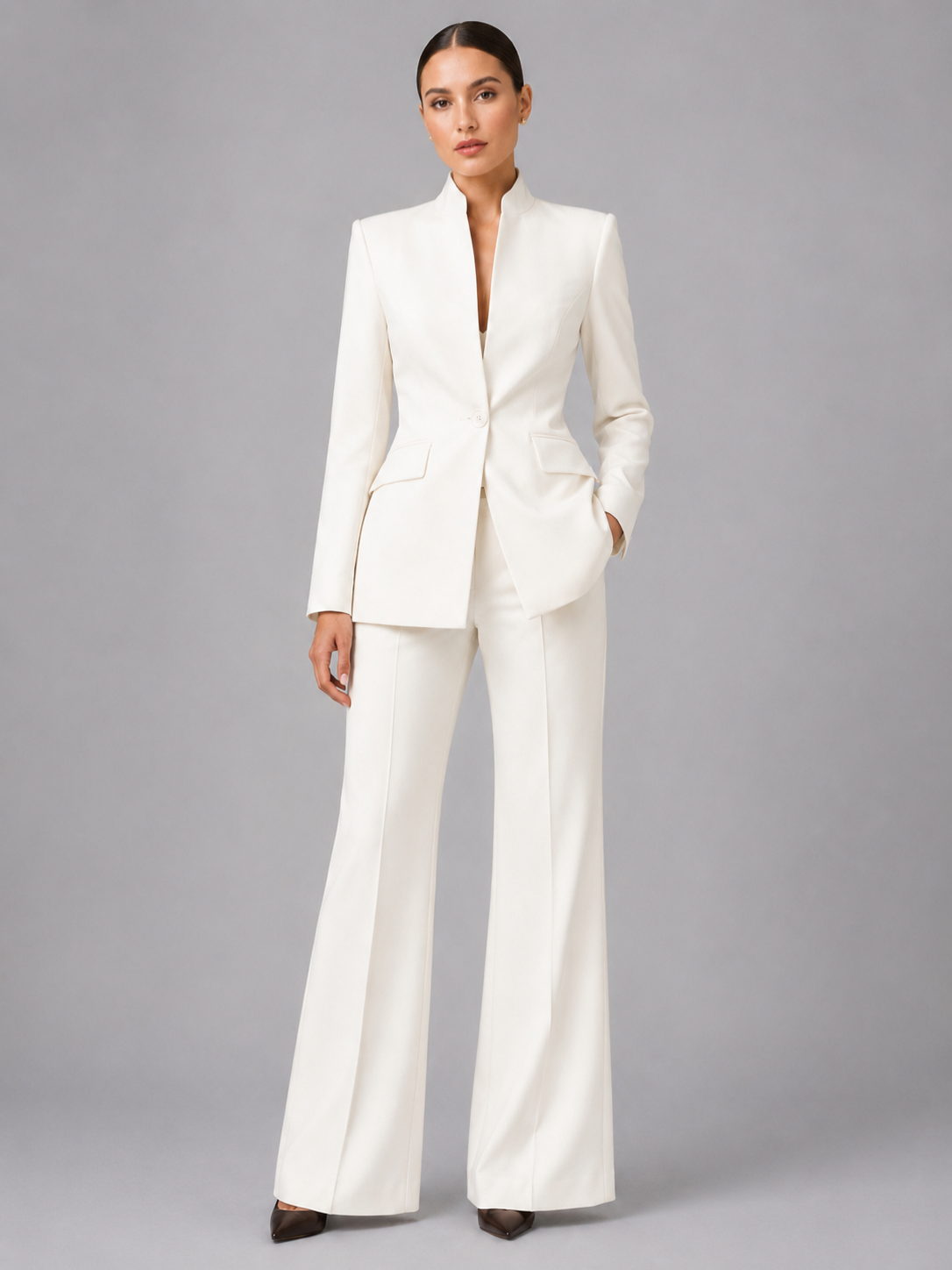Women’s Blazer and Wide-Leg Trouser Set with Collarless Design