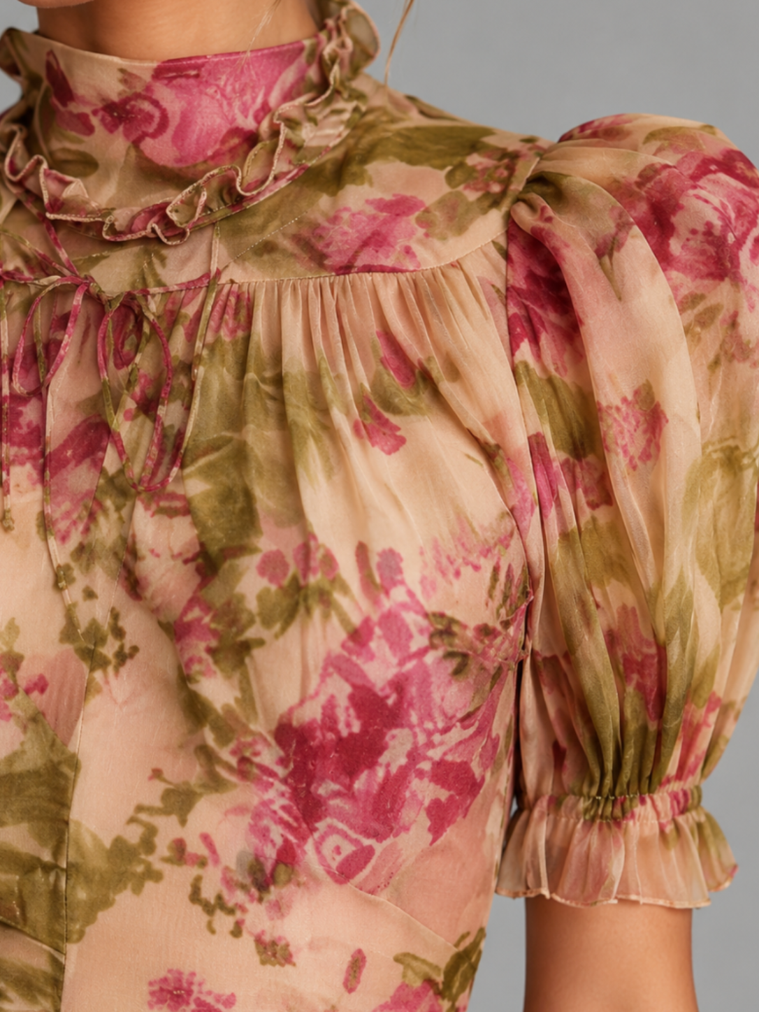 Women’s Floral Maxi Dress with Puff Sleeves and High Neck
