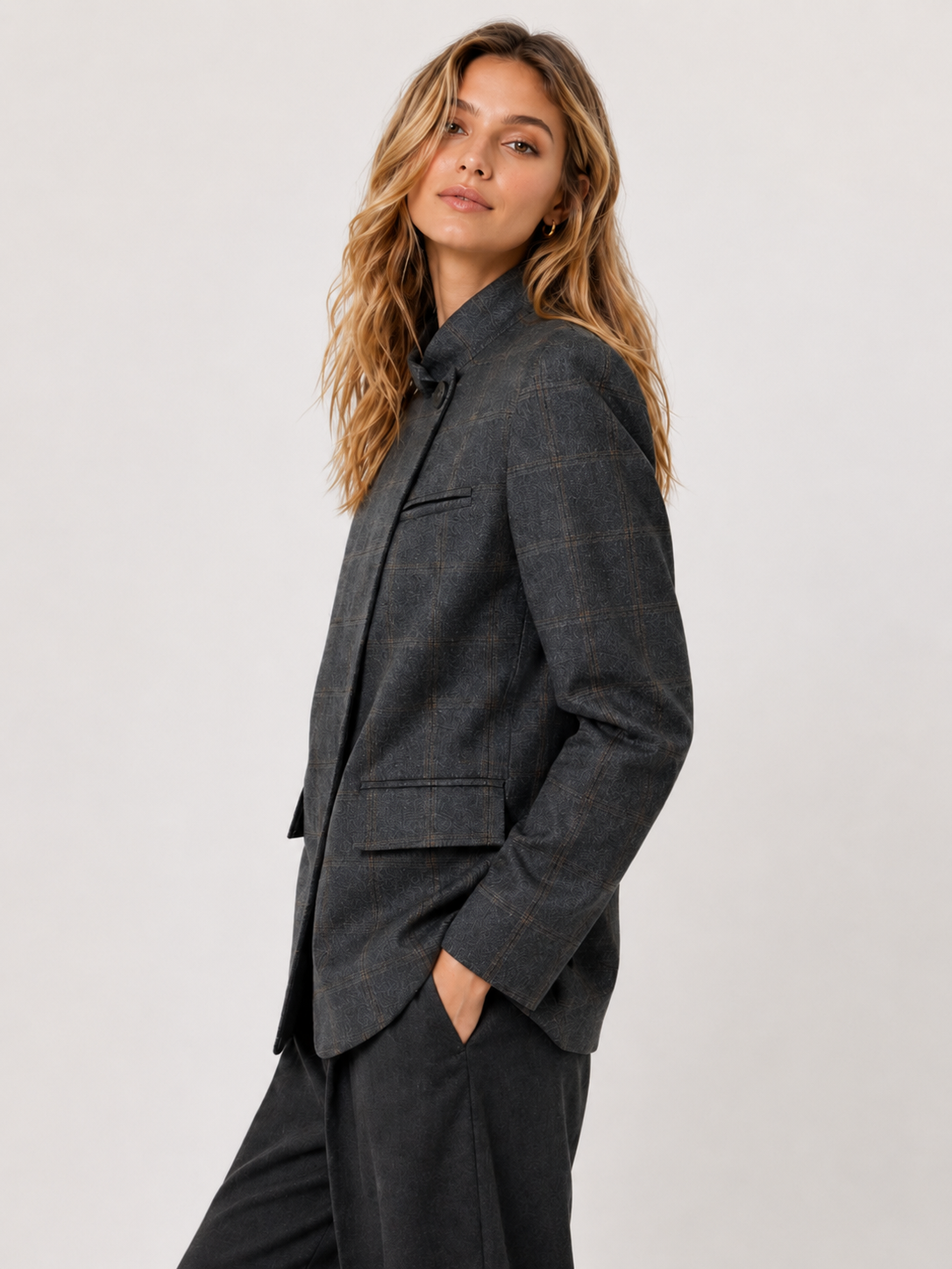 Women’s Plaid Blazer with Stand Collar and Long Sleeves