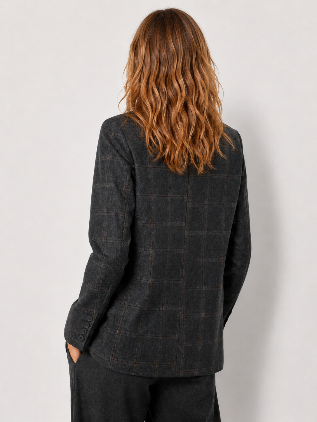 Women’s Plaid Blazer with Stand Collar and Long Sleeves