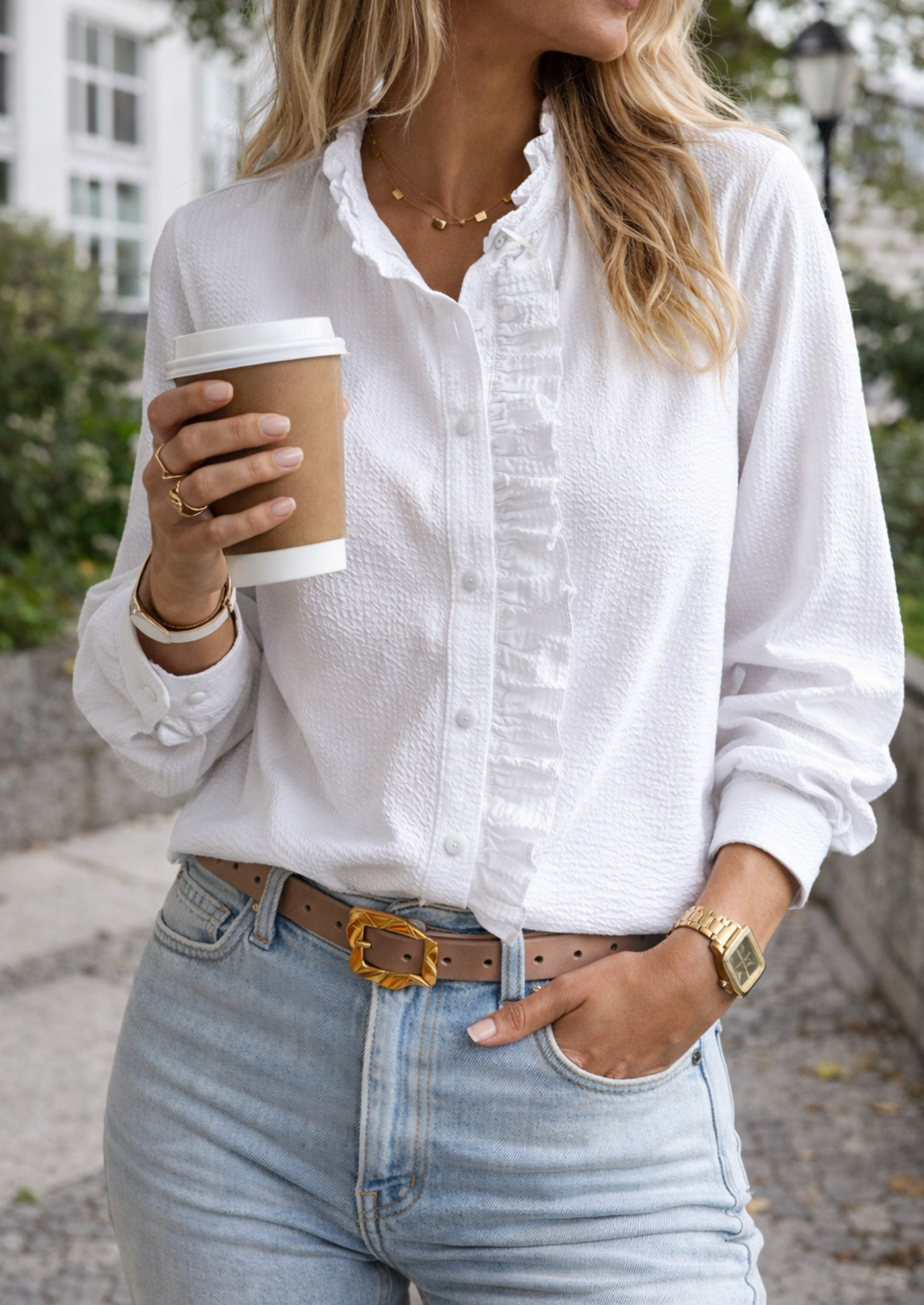 Women’s Long Sleeve Blouse with Front Ruffle Detail