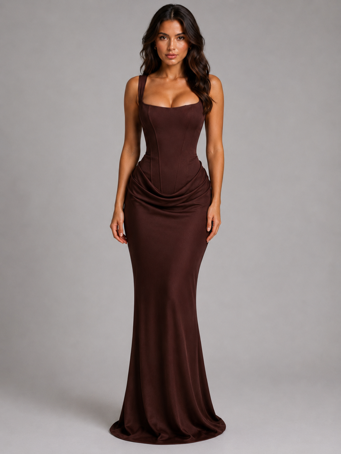 Women’s Maxi Dress with Square Neck and Draped Waist