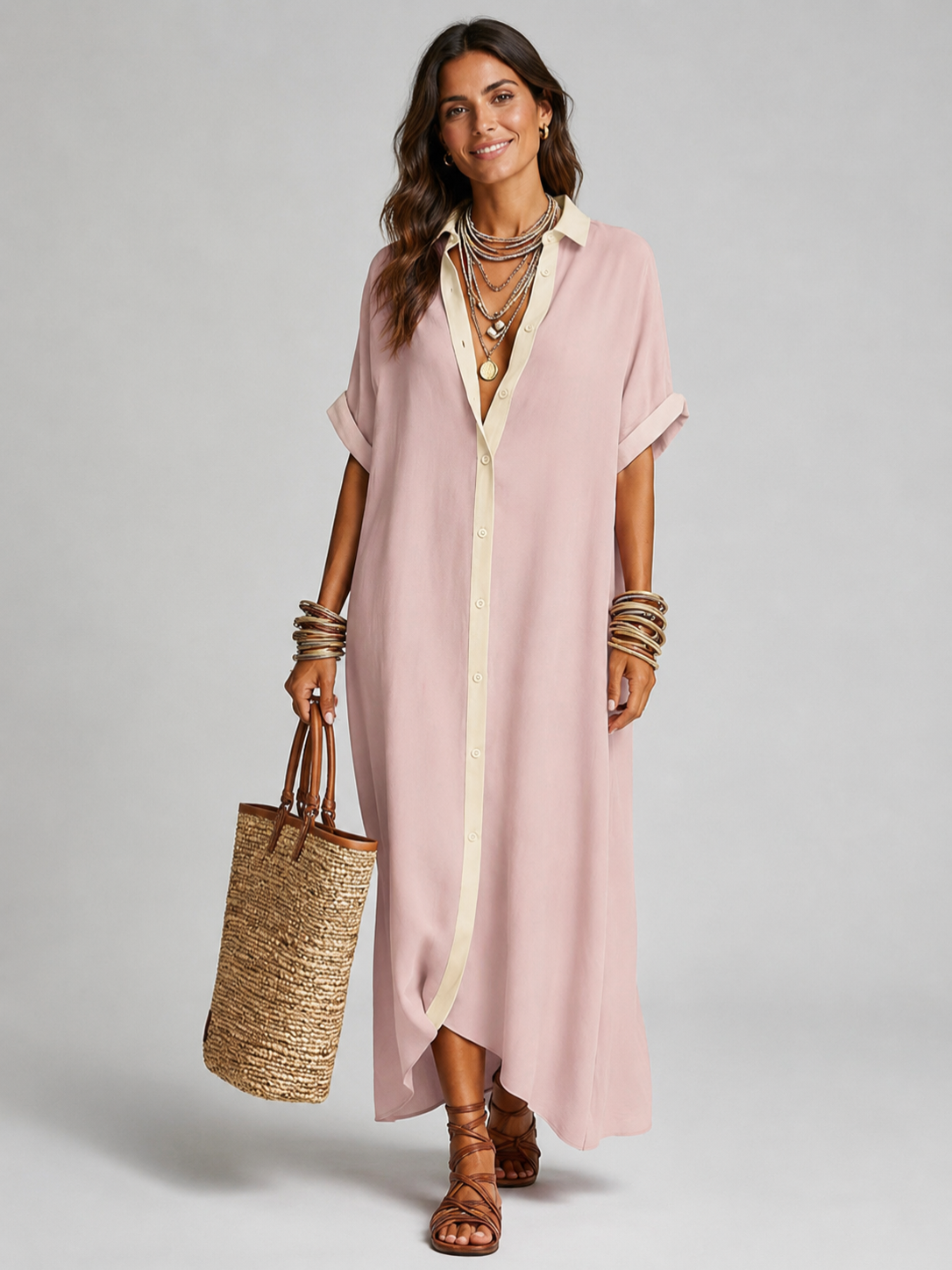 Women’s Maxi Shirt Dress with Short Sleeves
