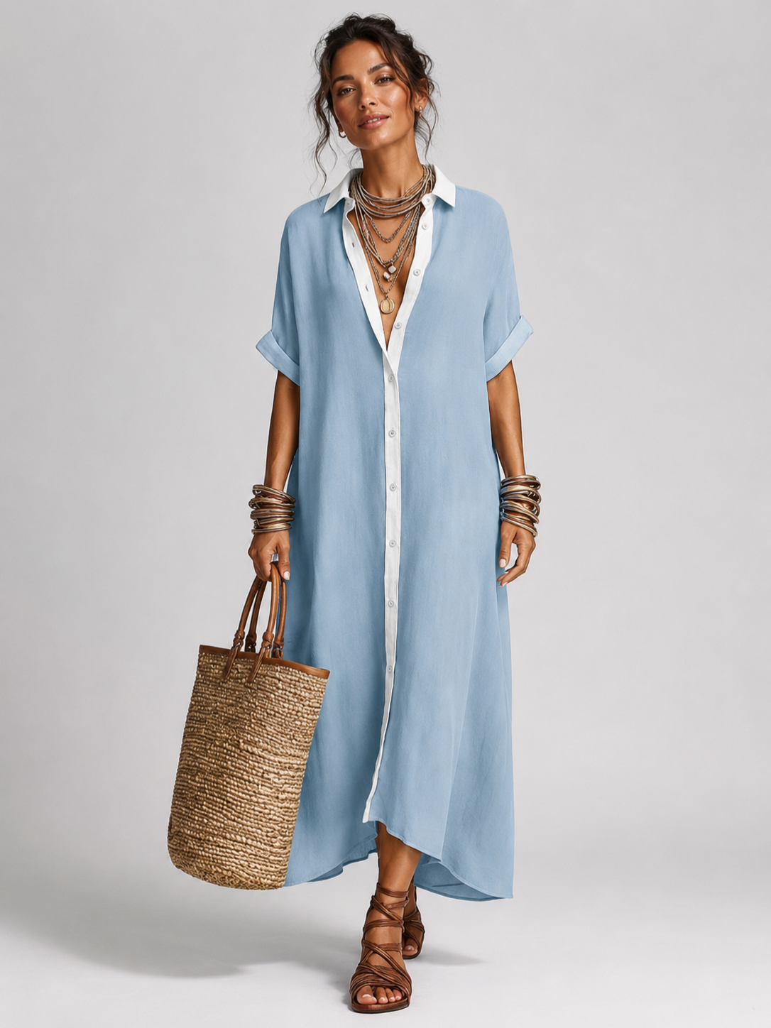 Women’s Maxi Shirt Dress with Short Sleeves