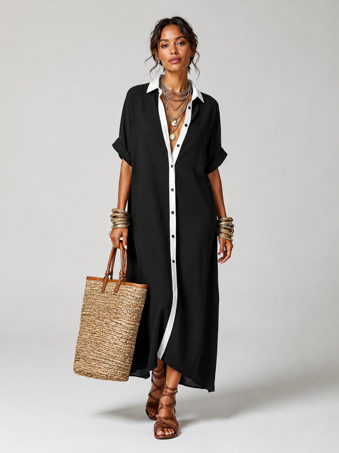 Women’s Maxi Shirt Dress with Short Sleeves