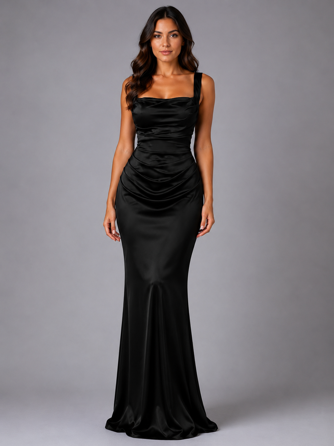 Women’s Maxi Dress with Square Neck and Ruched Waist