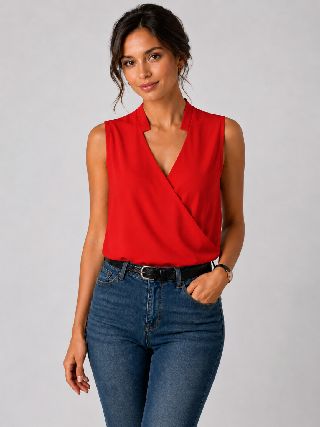 Women’s Sleeveless Wrap Blouse with V-Neck
