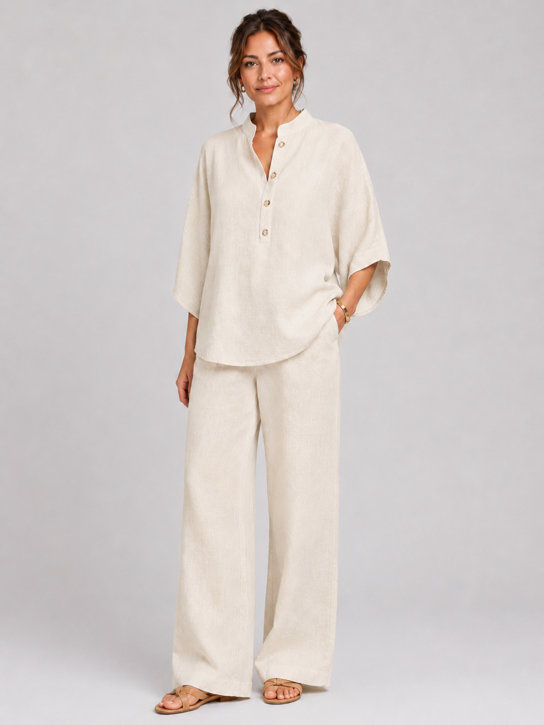 Women’s Two-Piece Set with Button-Up Top and Wide-Leg Trousers