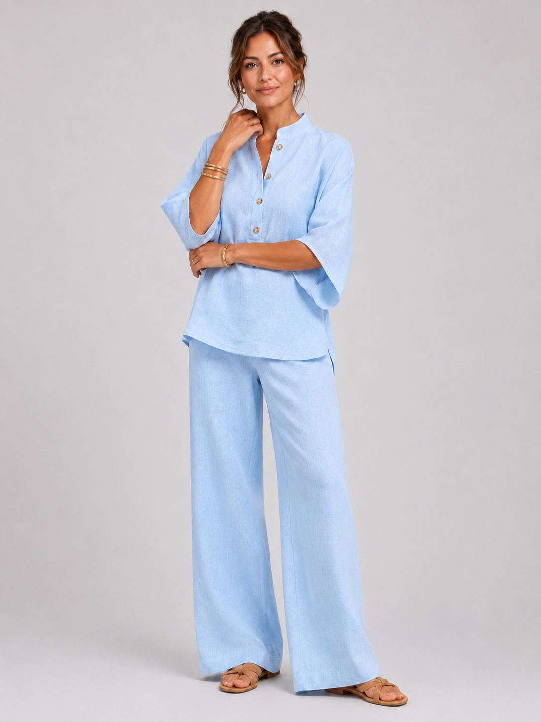 Women’s Two-Piece Set with Button-Up Top and Wide-Leg Trousers
