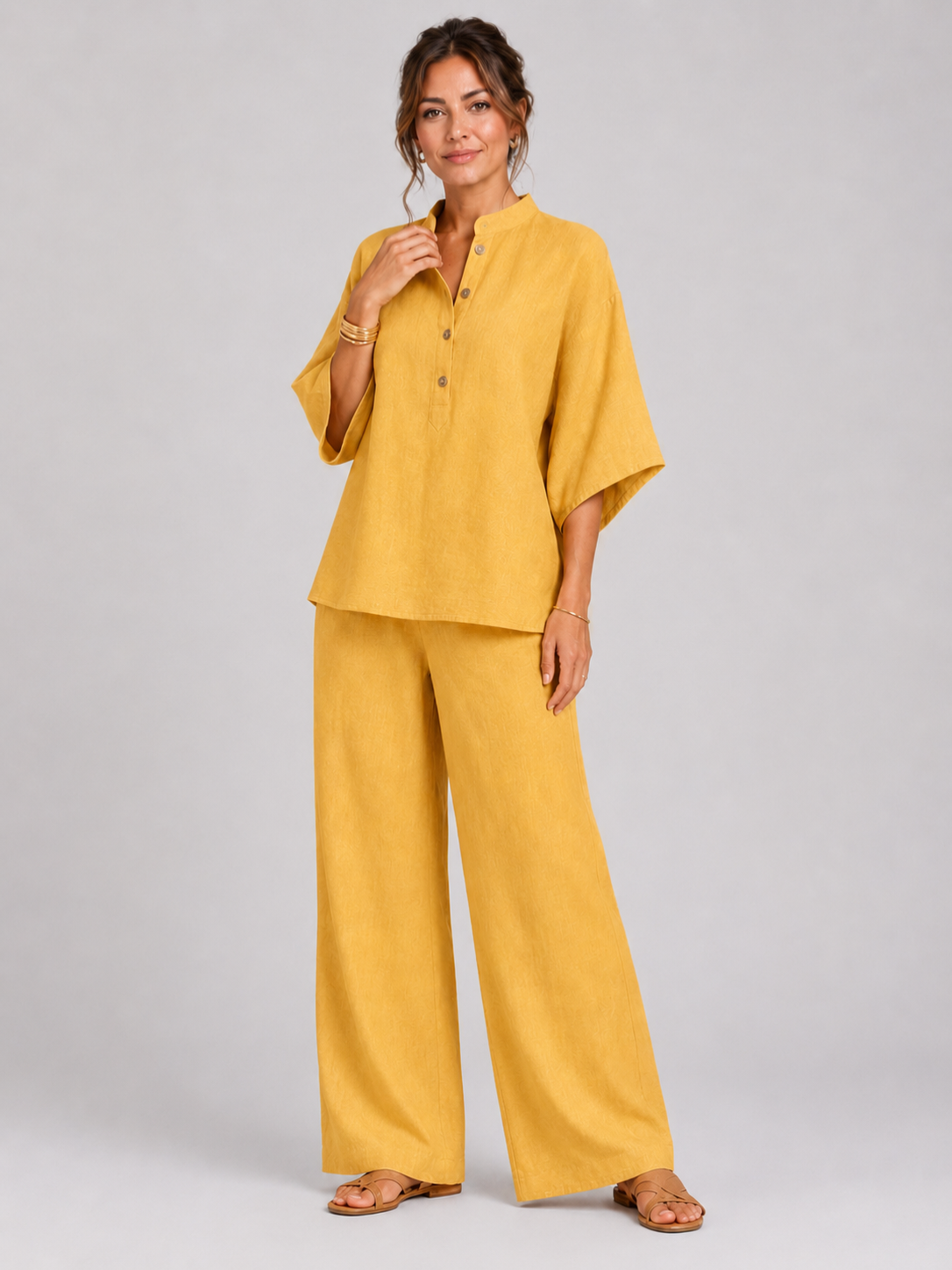 Women’s Two-Piece Set with Button-Up Top and Wide-Leg Trousers