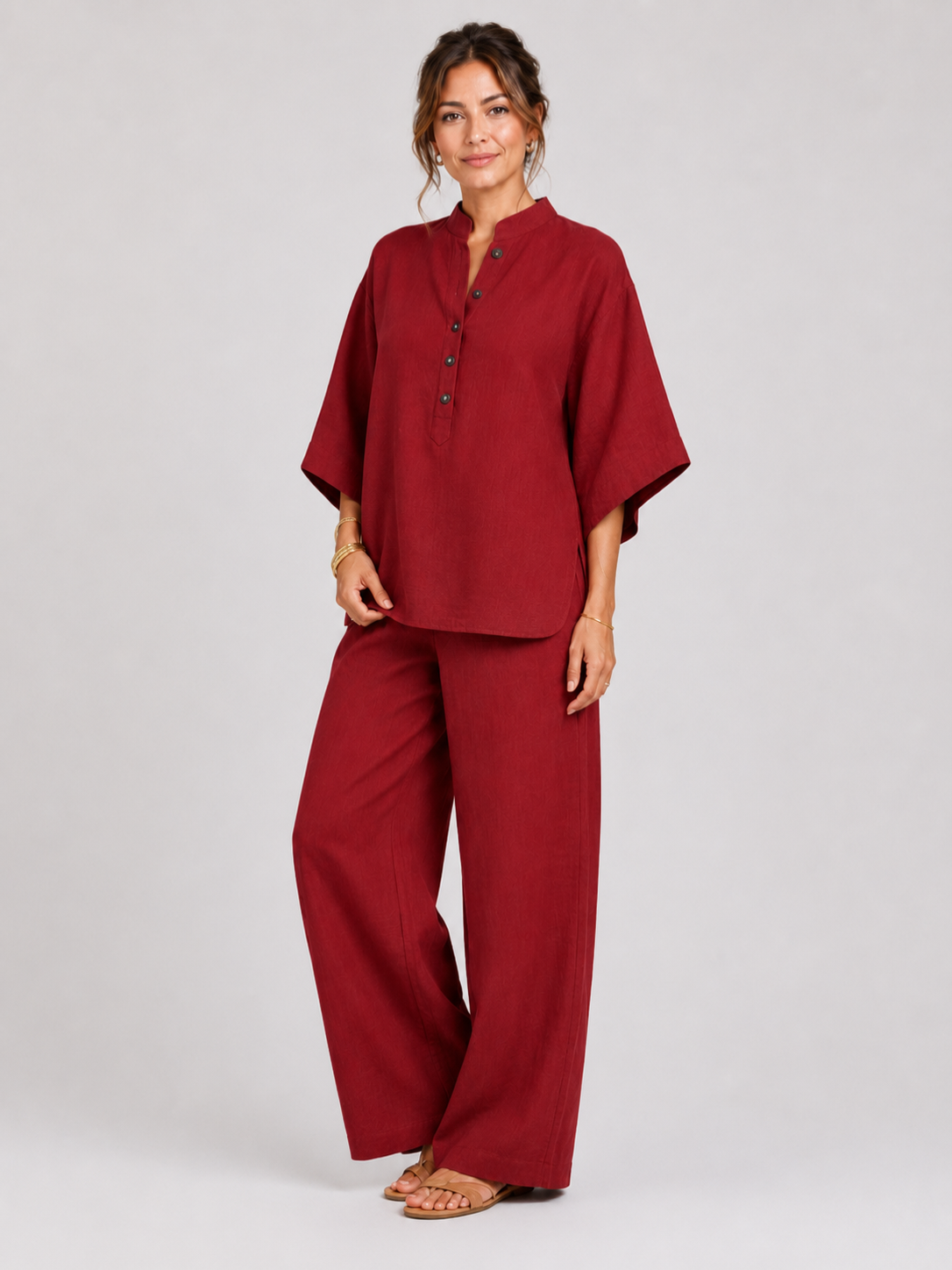 Women’s Two-Piece Set with Button-Up Top and Wide-Leg Trousers