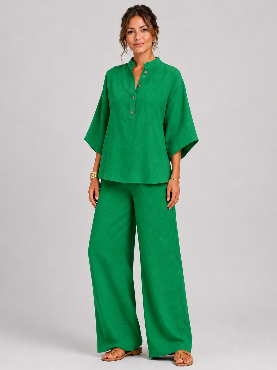 Women’s Two-Piece Set with Button-Up Top and Wide-Leg Trousers