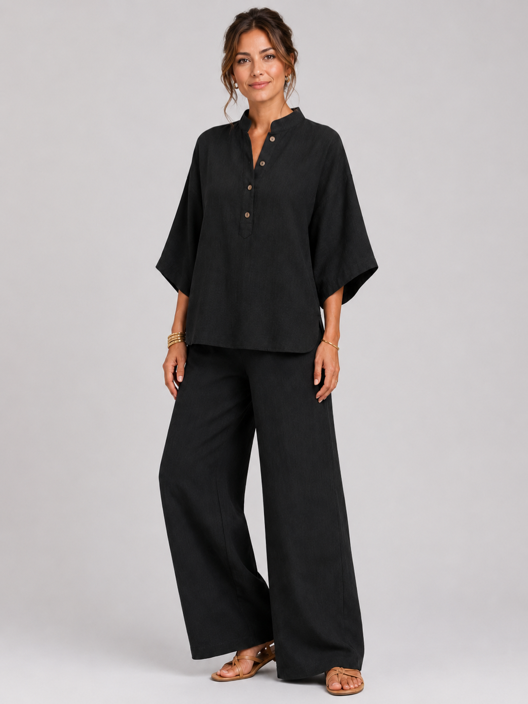 Women’s Two-Piece Set with Button-Up Top and Wide-Leg Trousers
