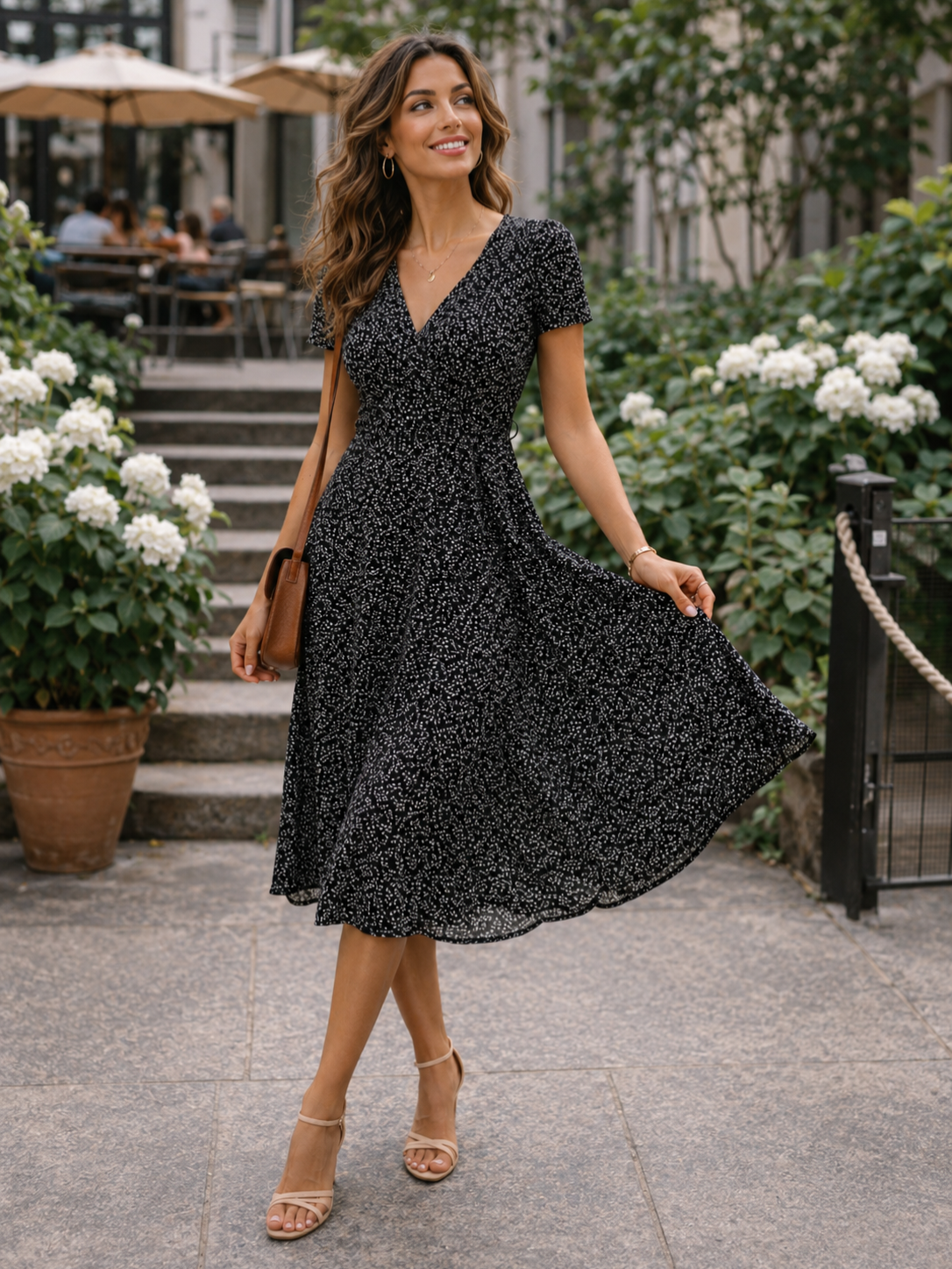 Women’s V-Neck Midi Dress with Printed Design
