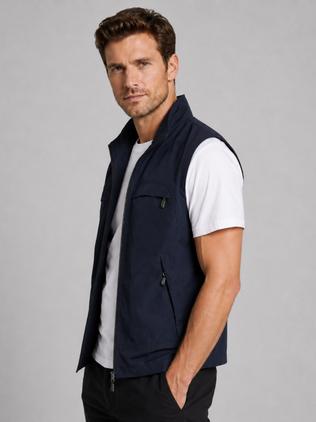 Men’s Gilet Jacket with Zipper and Multiple Pockets