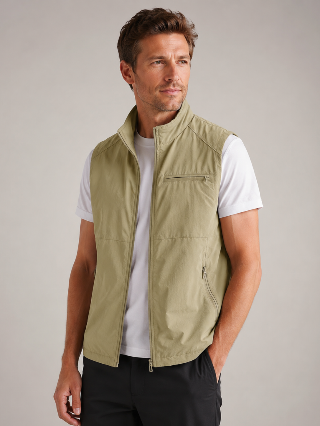 Men’s Gilet Jacket with Zipper and Turn-Down Collar