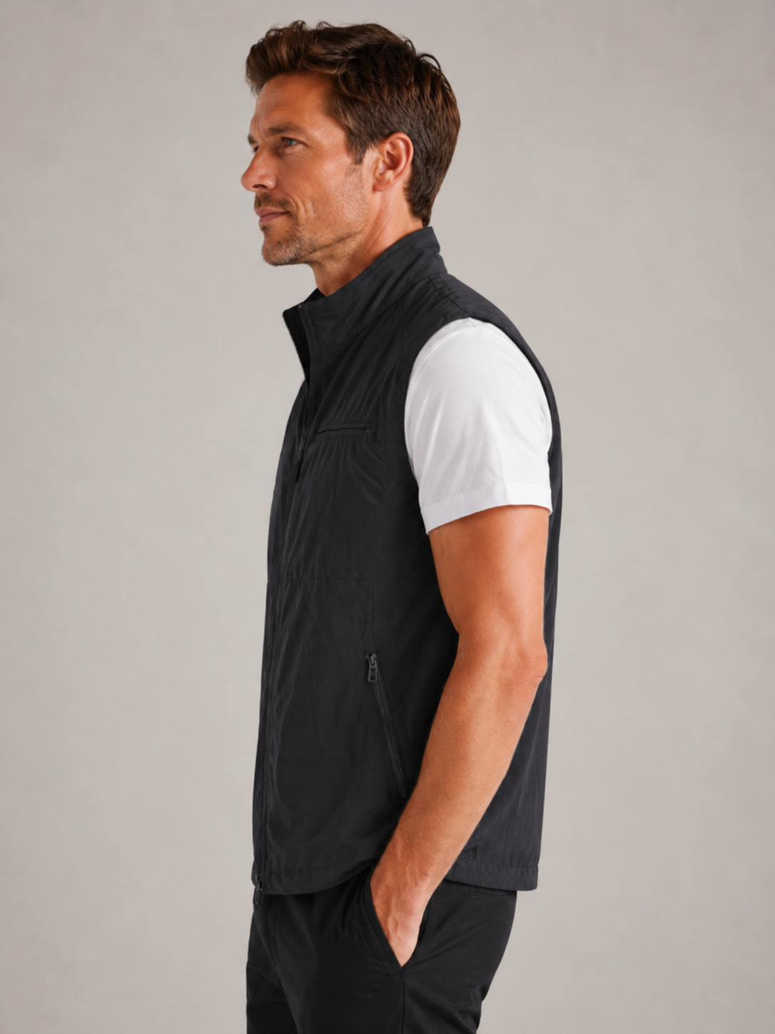 Men’s Gilet Jacket with Zipper and Turn-Down Collar