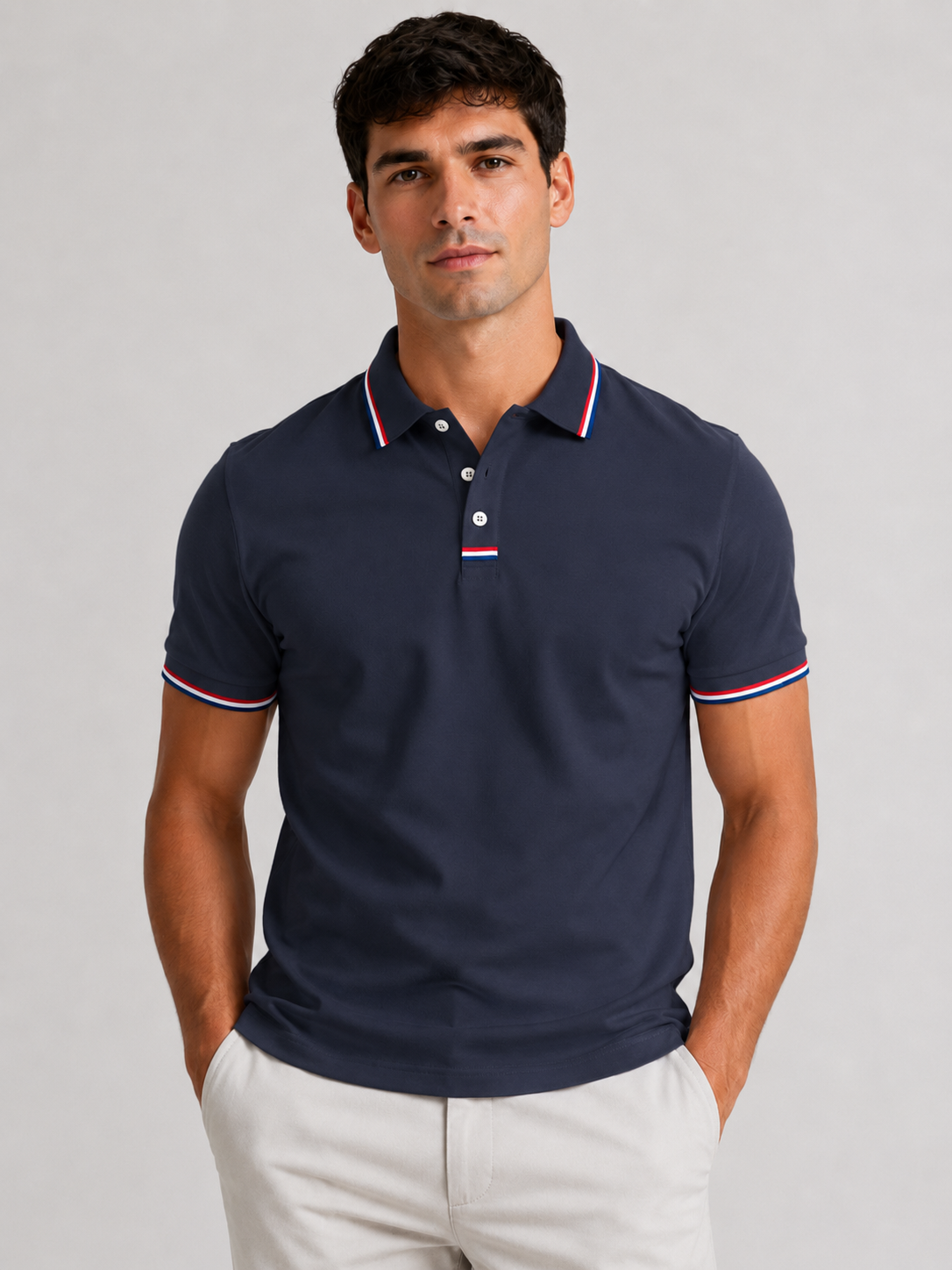 Men’s Polo Shirt with Striped Collar and Short Sleeves