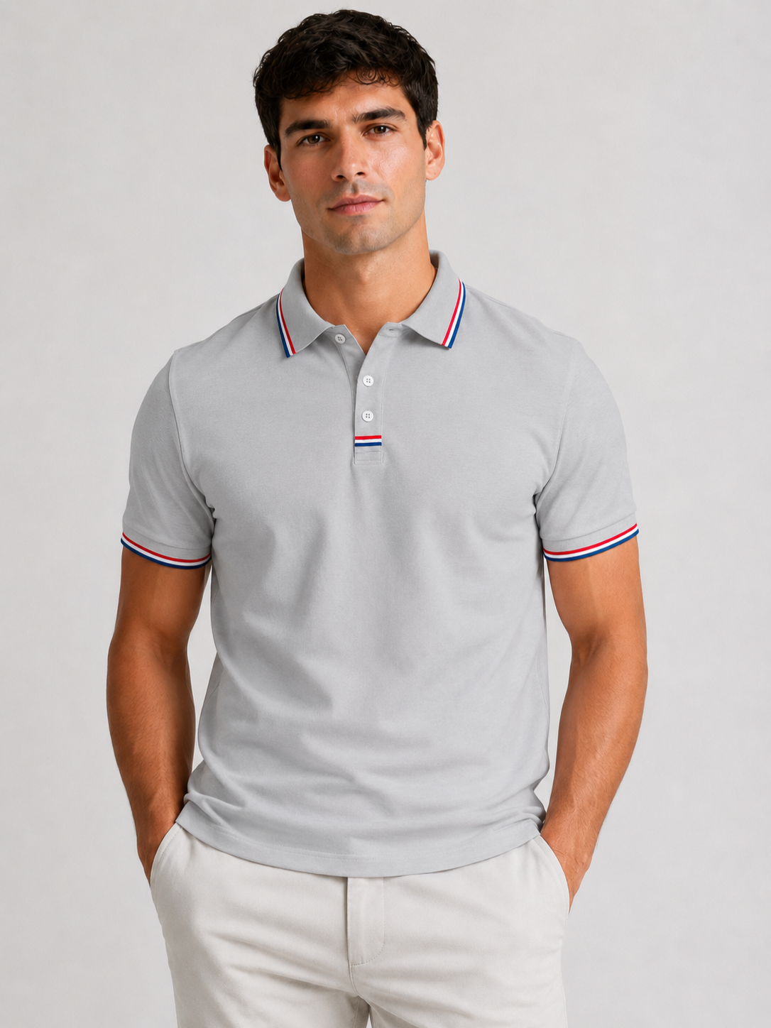 Men’s Polo Shirt with Striped Collar and Short Sleeves
