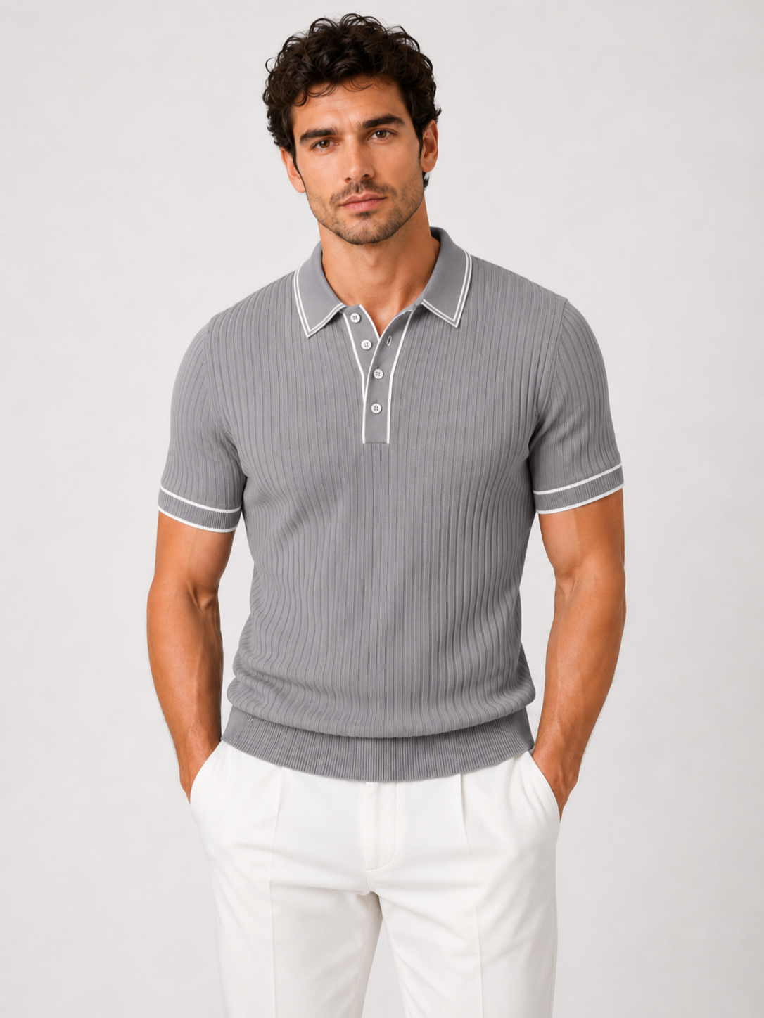 Men’s Ribbed Polo Shirt with Contrast Trim