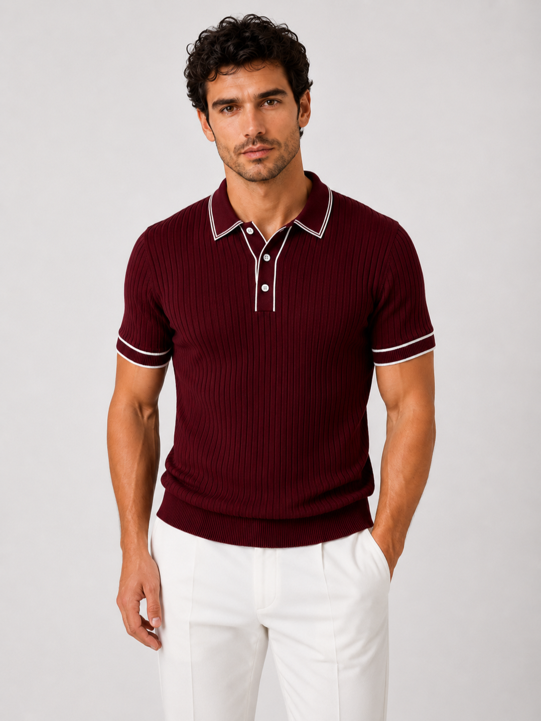 Men’s Ribbed Polo Shirt with Contrast Trim