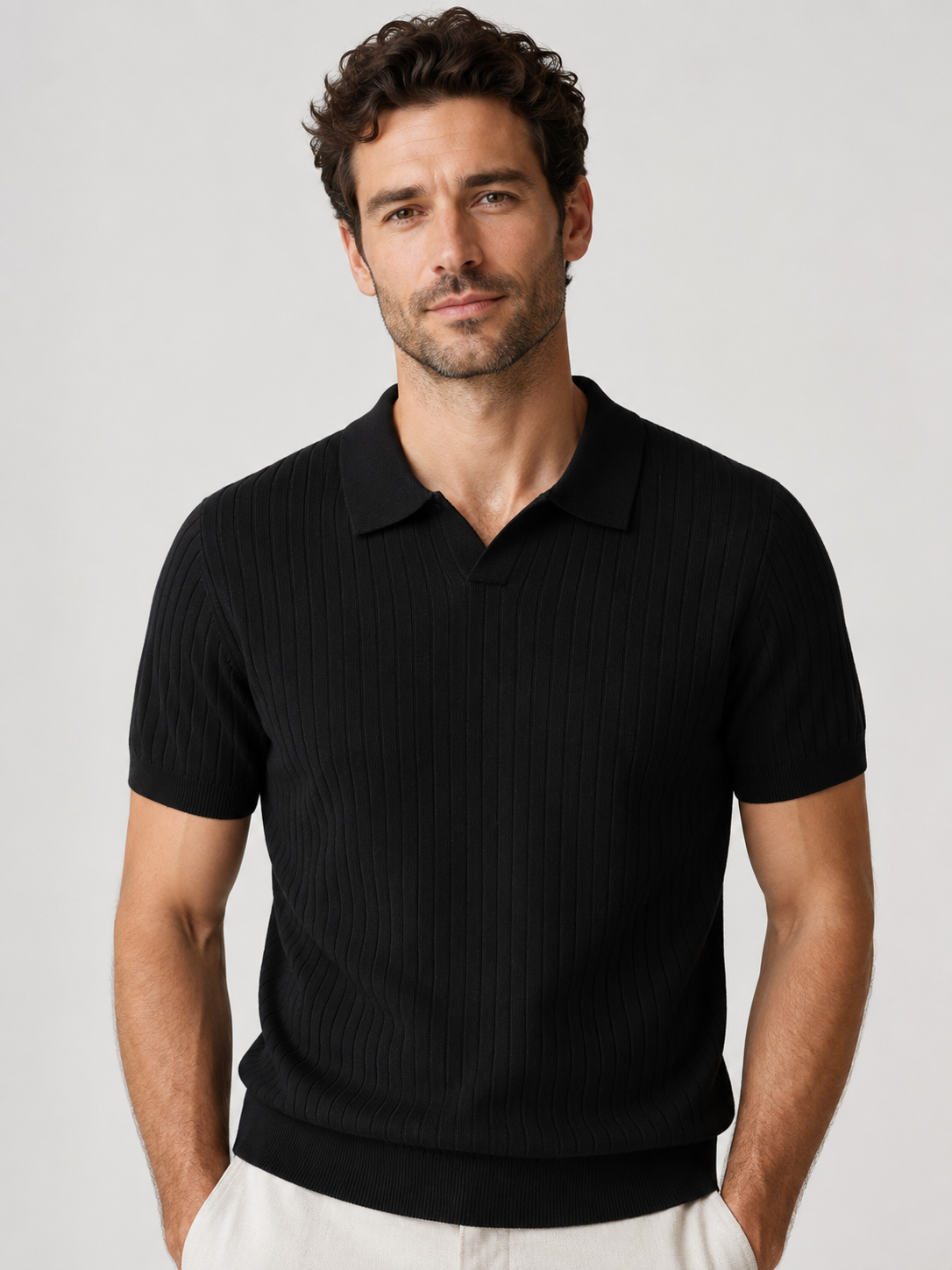 Men’s Short Sleeve Ribbed Polo Shirt with Open Neck