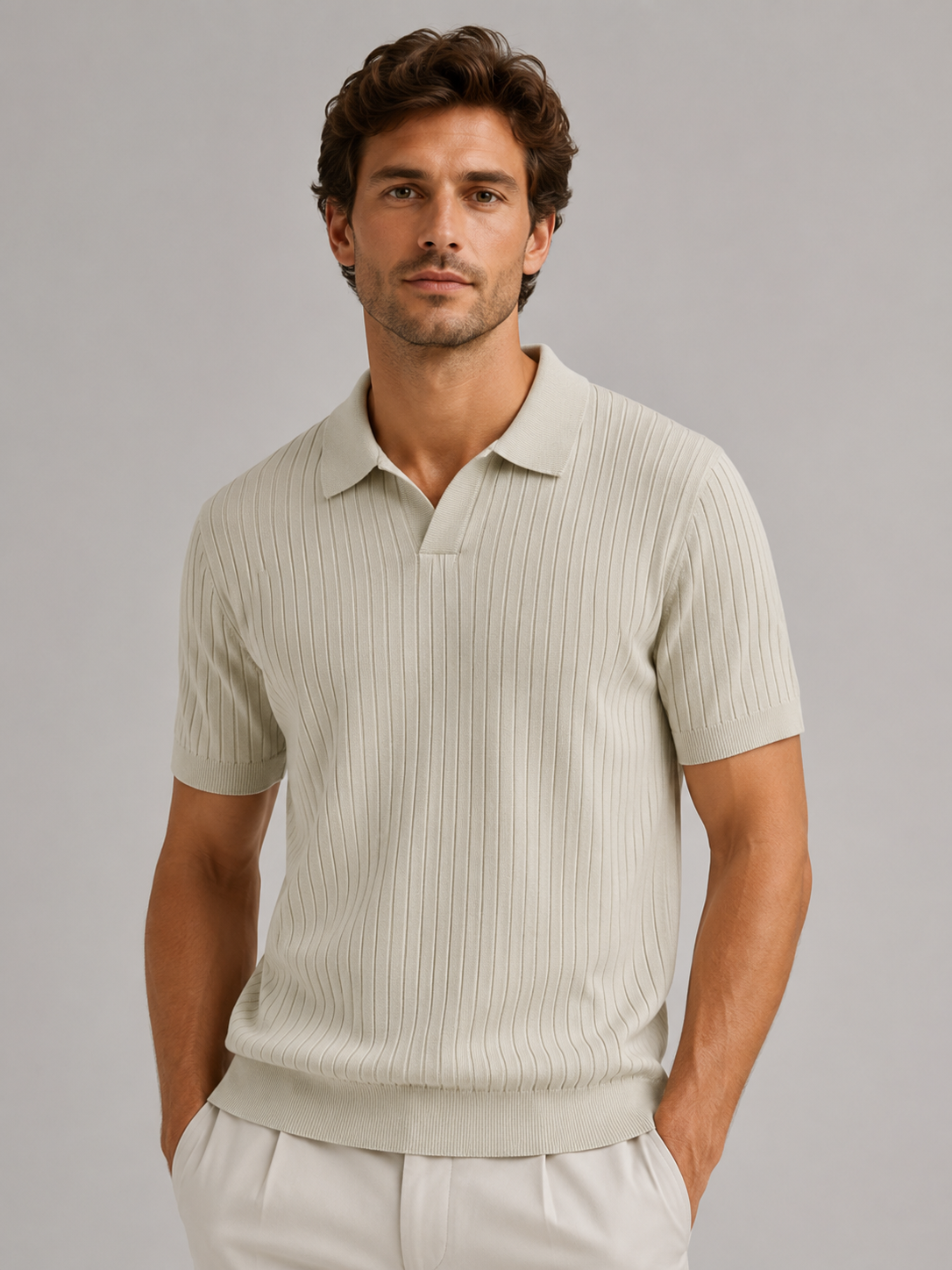 Men’s Short Sleeve Ribbed Polo Shirt with Open Neck