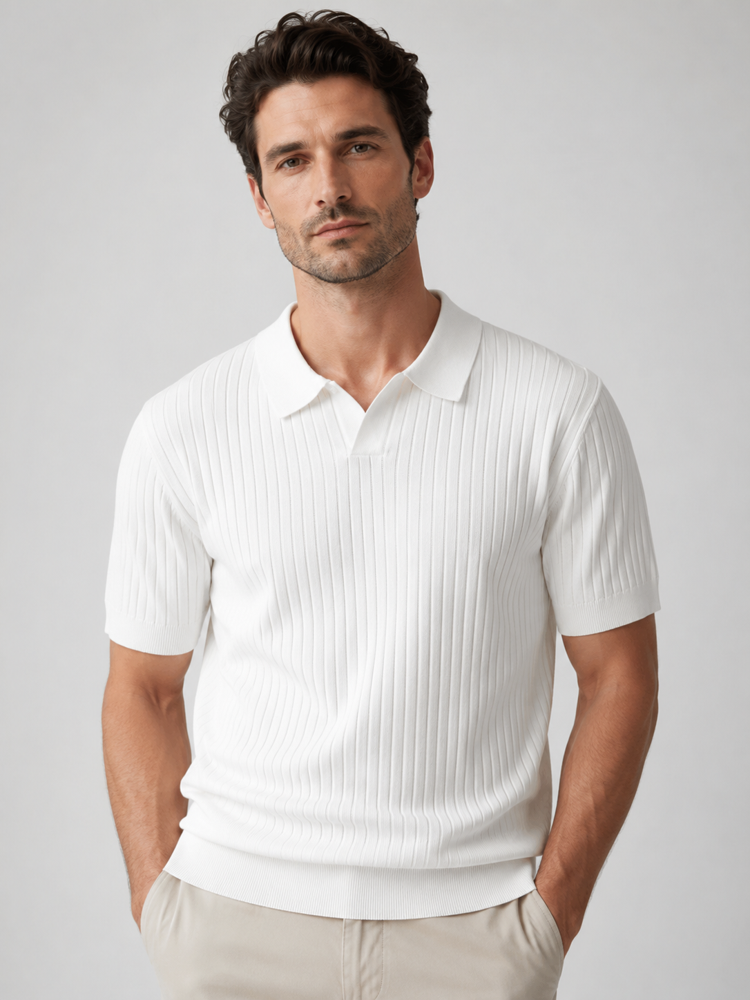 Men’s Short Sleeve Ribbed Polo Shirt with Open Neck