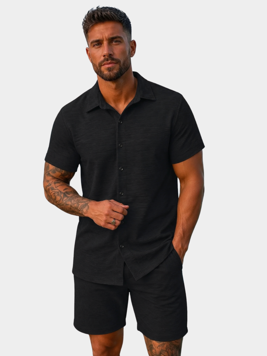 Men’s Short Sleeve Shirt and Shorts Set with Jacquard Texture